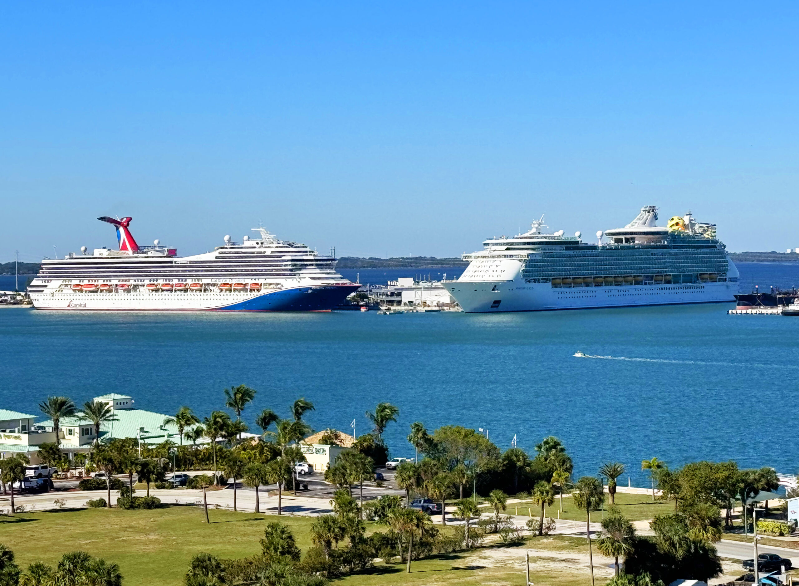 Cruise ship docked at Port Canaveral on a clear Florida day